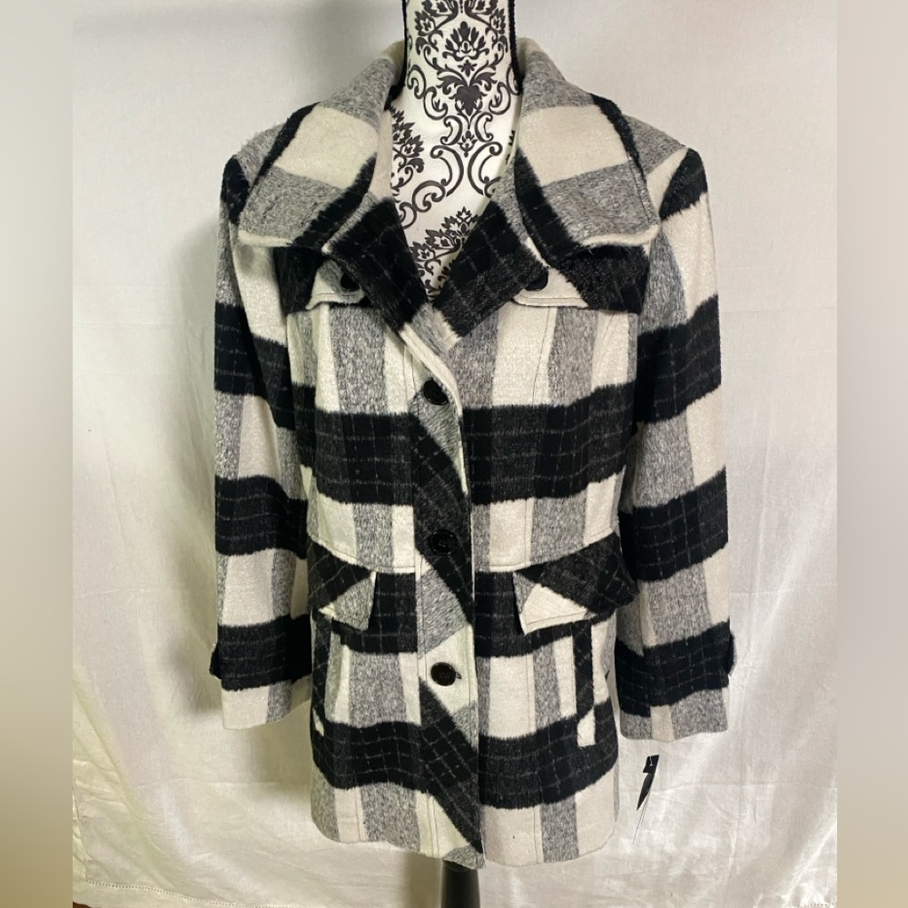 Nicole Miller Plaid Black and White Women's Peacoat Belt Missing 5%Wool Soft